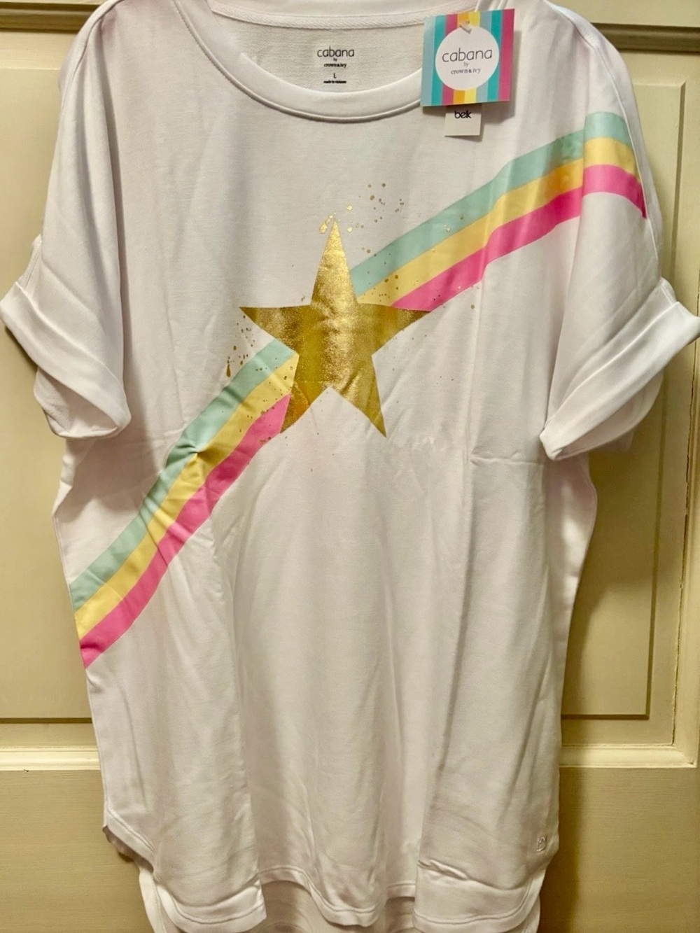 crown & ivy White Short-Sleeve Tee with Gold Star and Pink Mint Yellow Stripes